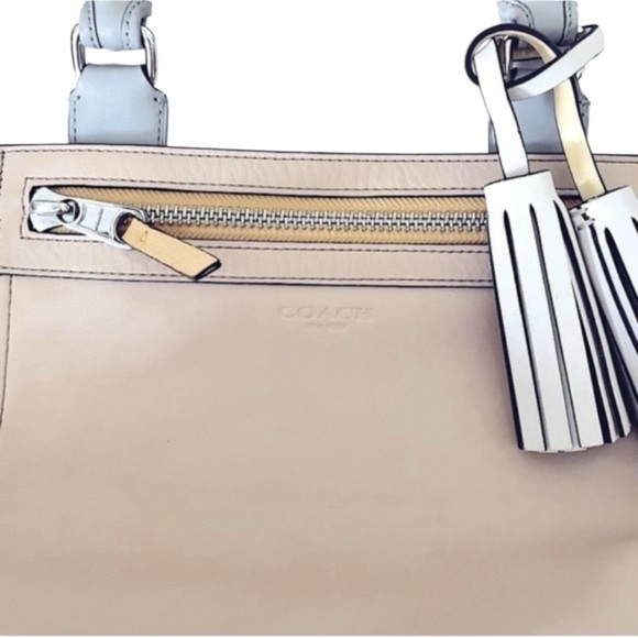 Coach Two-Tone Beige and Light Gray Leather Shoulder Tote with Tassels- Candace - Picture 3 of 12